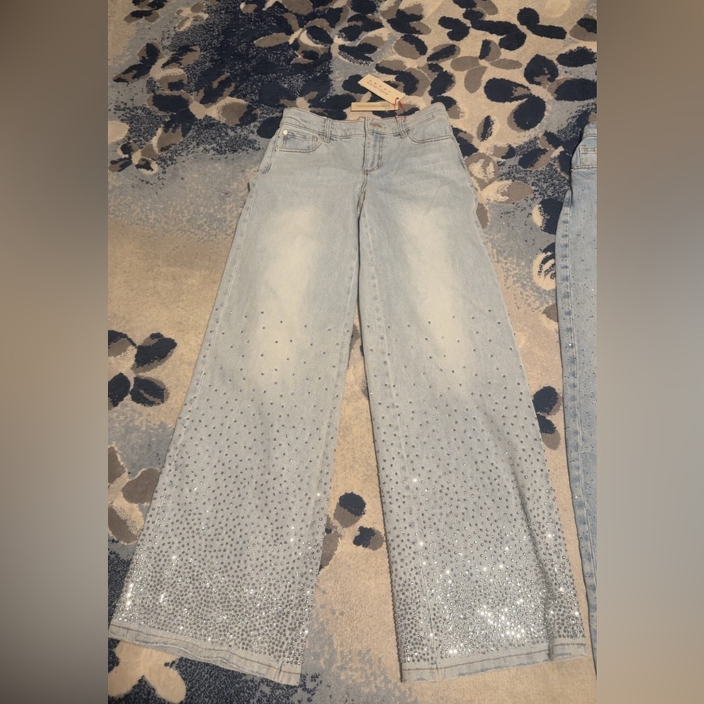 Alice + Olivia Light Blue Wide Leg Jeans with Sparkle Details